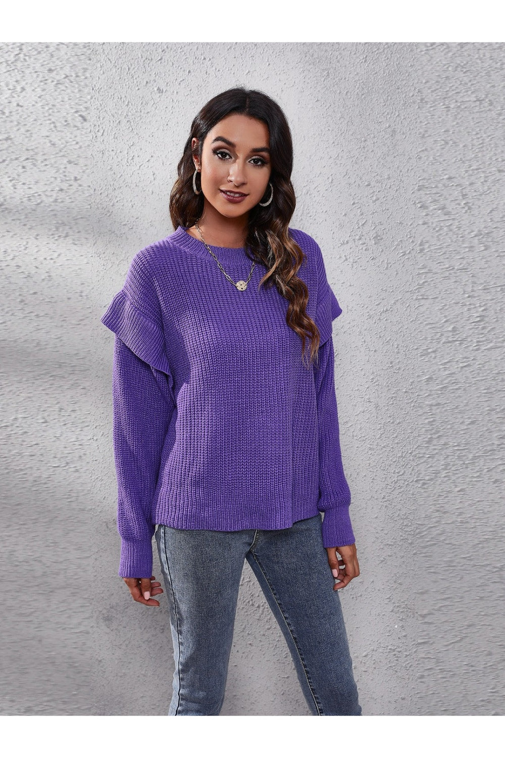 Ruffled Round Neck Dropped Shoulder Sweater - Pullover Sweaters - FITGGINS