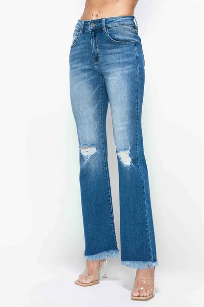 bytos Full Size Raw Hem Distressed High Rise Bootcut Jeans Fitggins