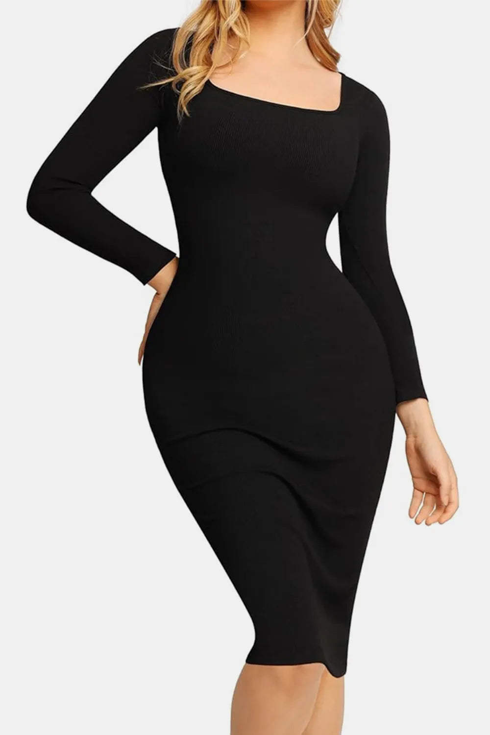 Basic Bae Full Size Built-In Shapewear Square Neck Long Sleeve Dress Fitggins
