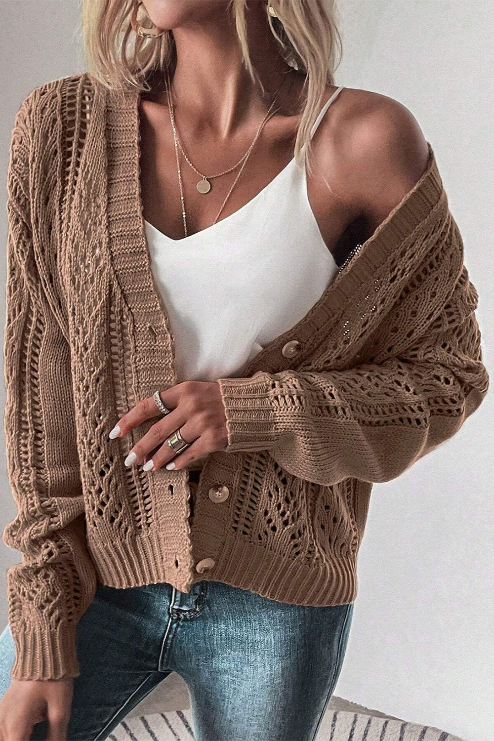 Openwork Button Up Long Sleeve Cardigan - Cardigans - FITGGINS