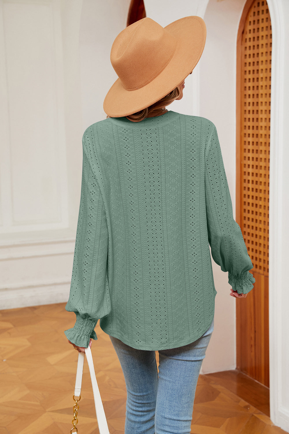 Notched Neck Flounce Sleeve Blouse Fitggins