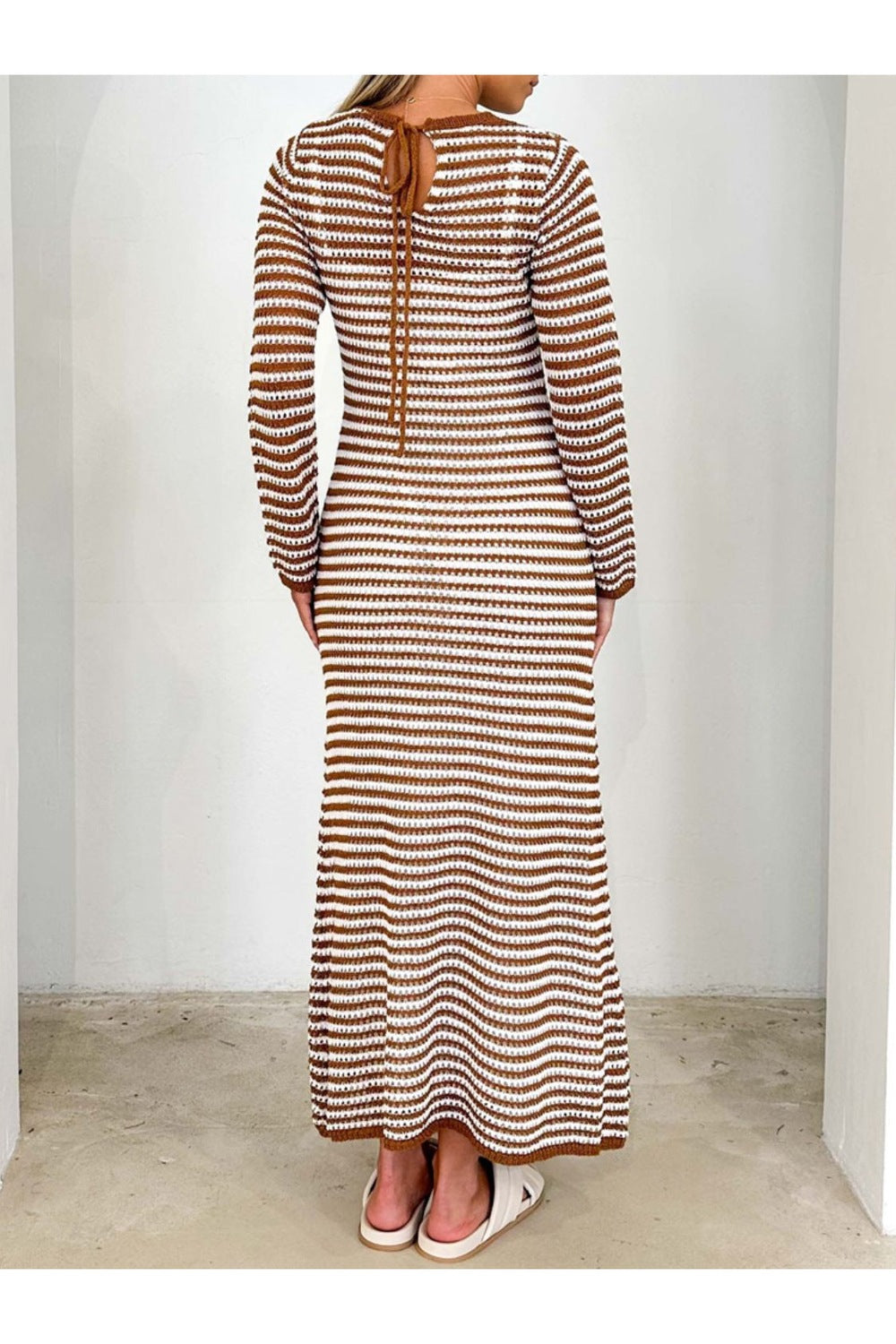 Devine Tied Round Neck Striped Sweater Dress - Sweater Dresses - FITGGINS