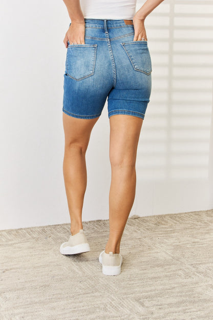 Judy Blue Full Size Tummy Control Double Button Bermuda Denim Shorts - Denim Shorts - FITGGINS