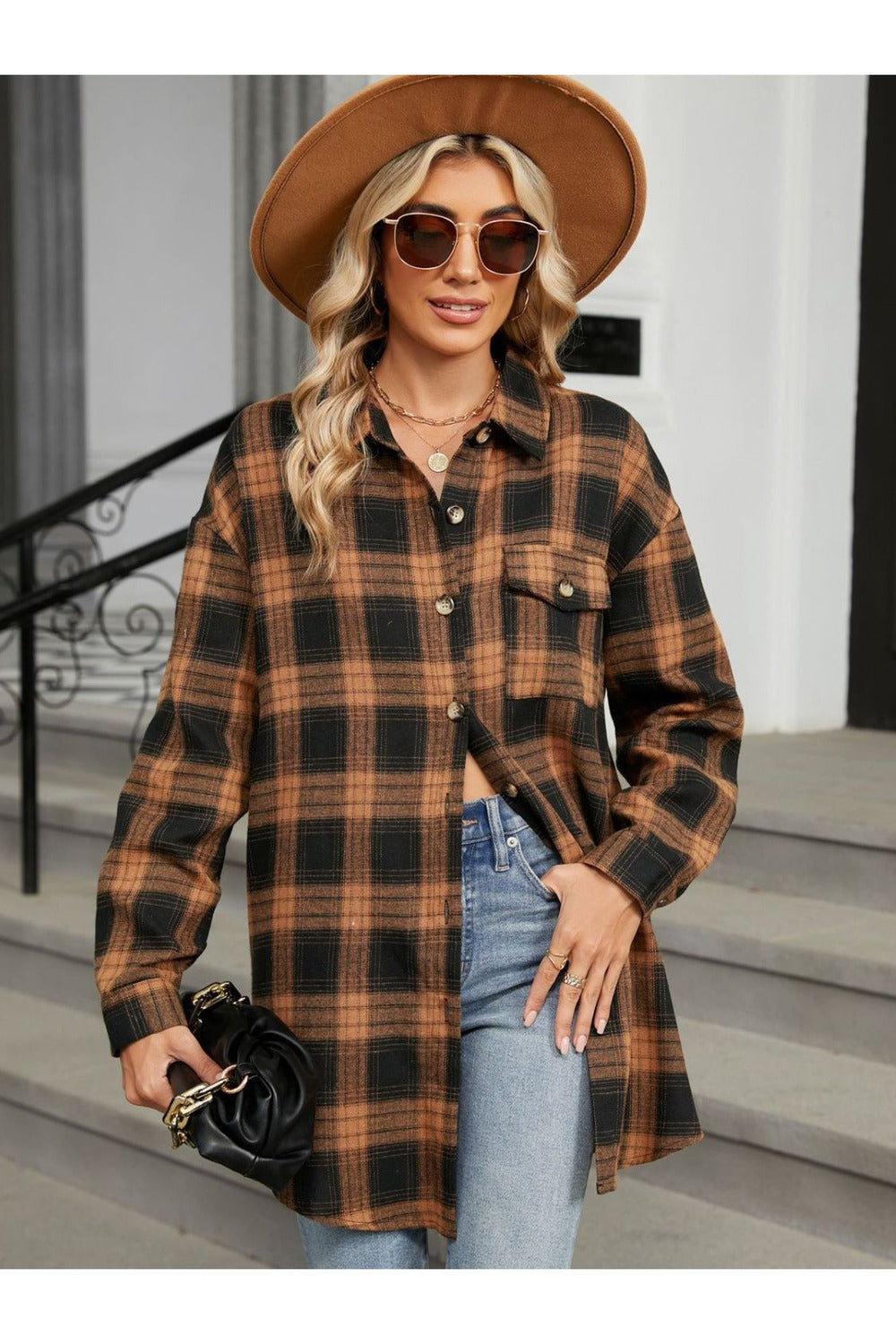 Plaid Collared Neck Long Sleeve Shirt - Shirts - FITGGINS