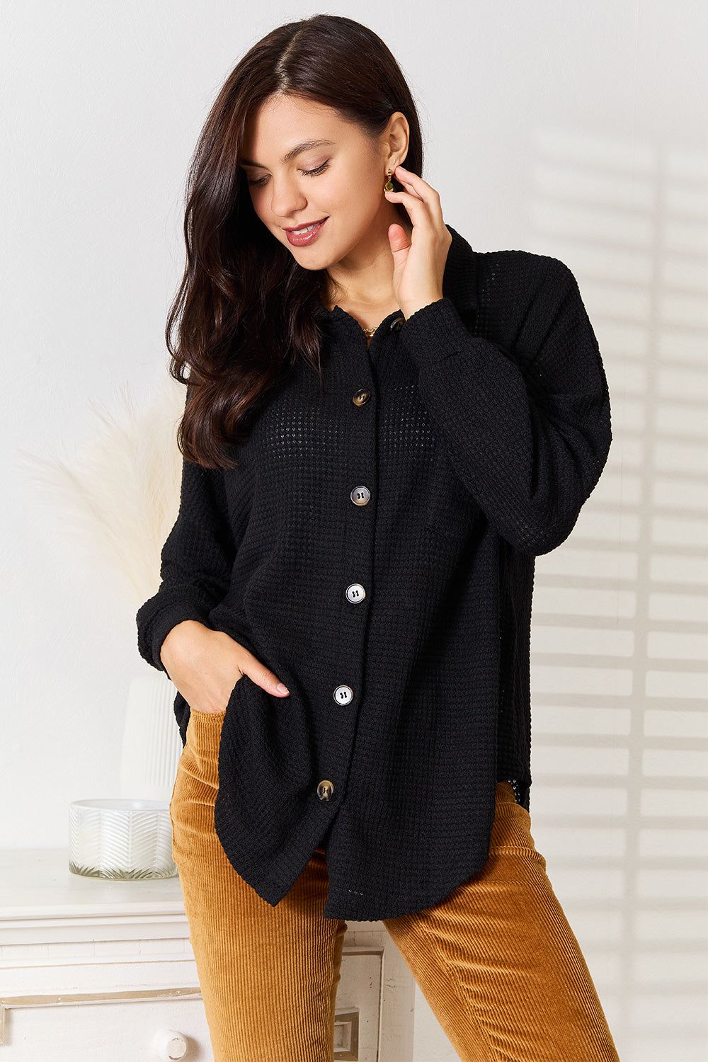 Double Take Waffle-Knit Collared Neck Dropped Shoulder Shirt - Shirts - FITGGINS