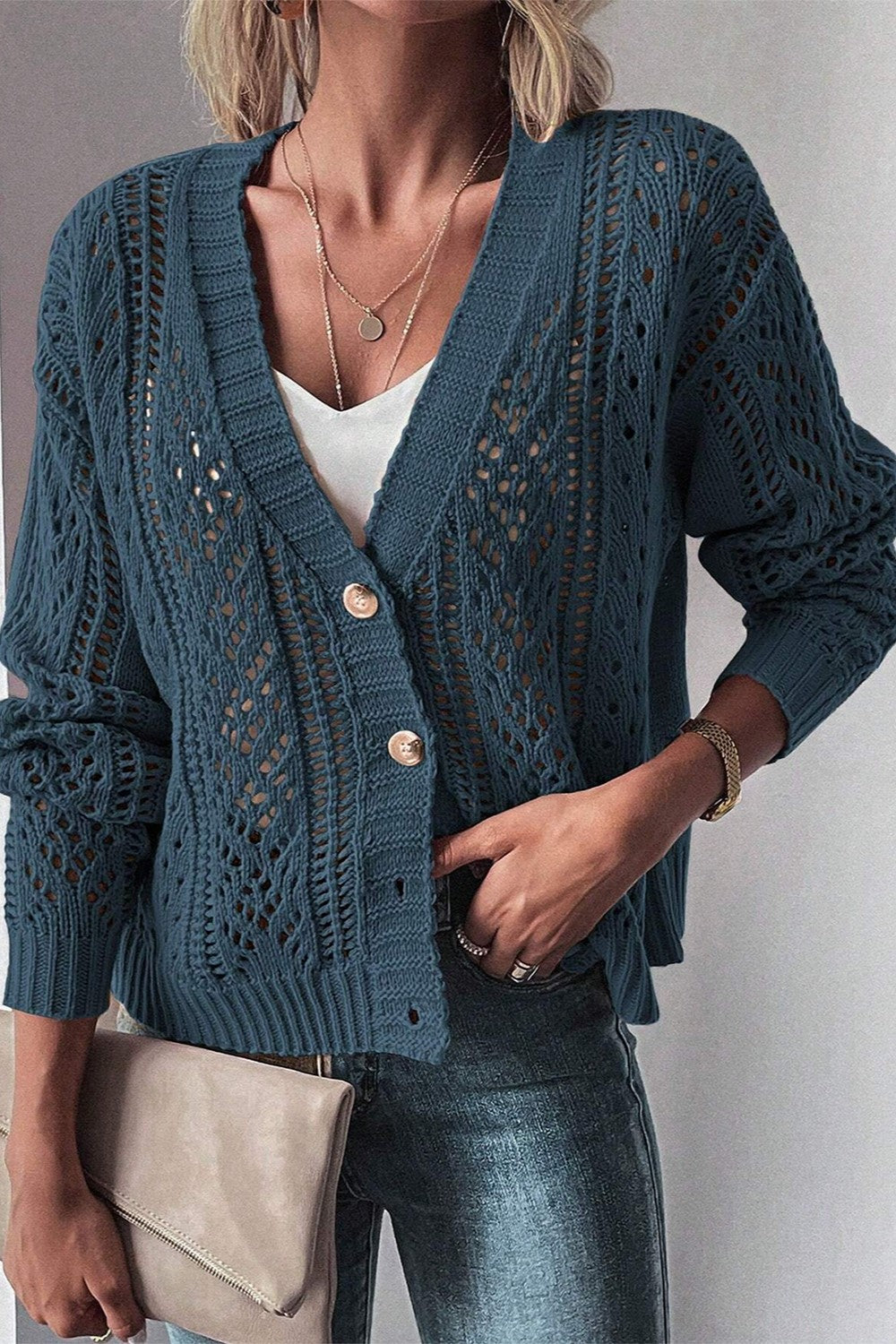 Openwork Button Up Long Sleeve Cardigan - Cardigans - FITGGINS