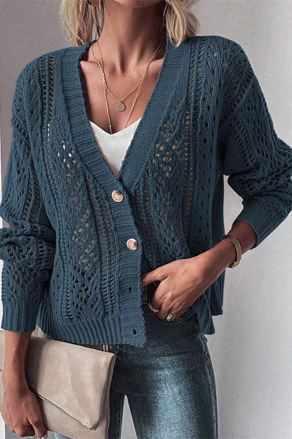 Openwork Button Up Long Sleeve Cardigan - Cardigans - FITGGINS