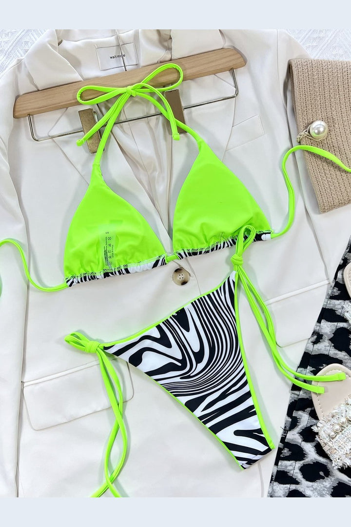 Zebra Print Halter Neck Bikini Set - Bikinis & Tankinis - FITGGINS