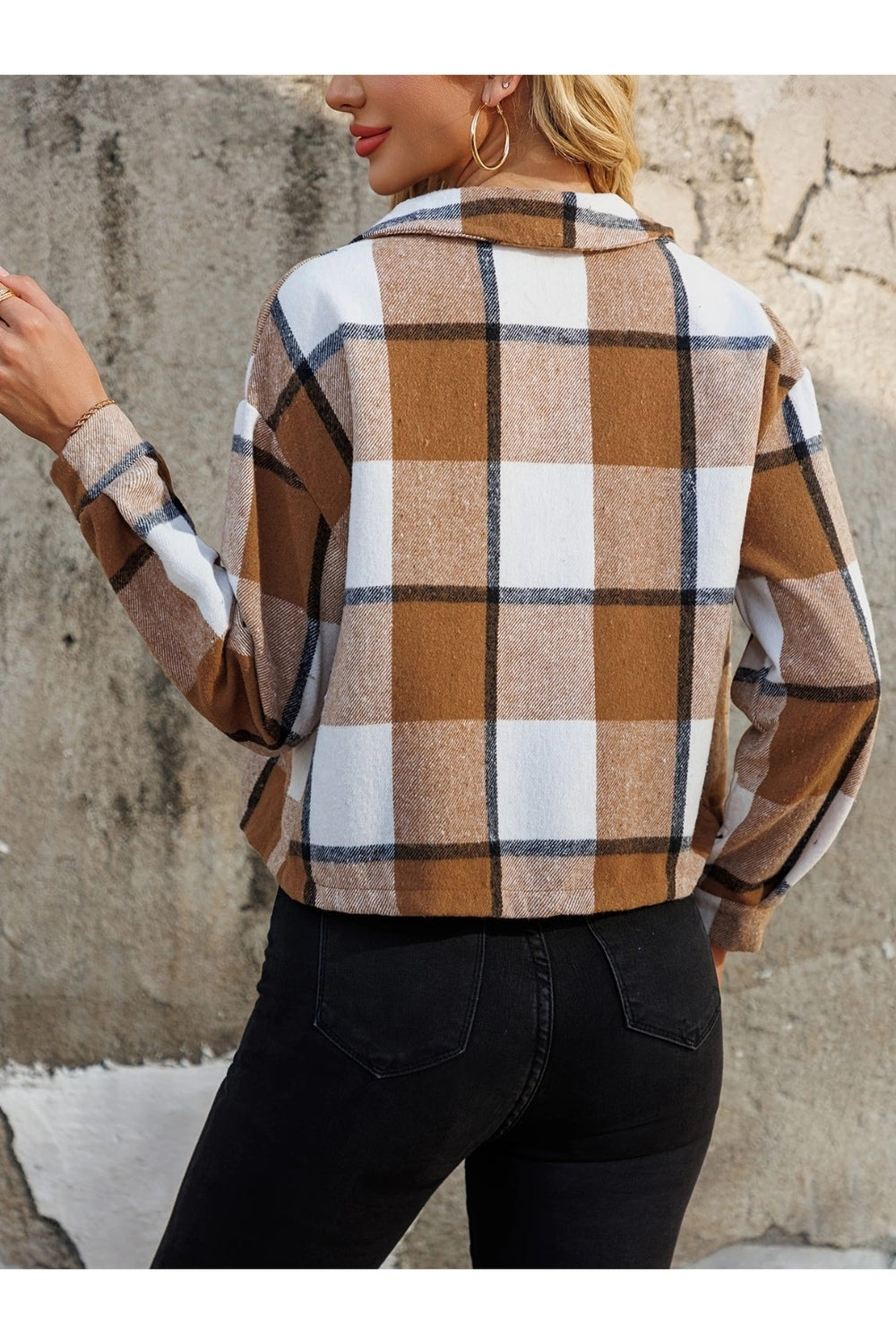 Plaid Collared Neck Cropped Jacket - Jackets - FITGGINS