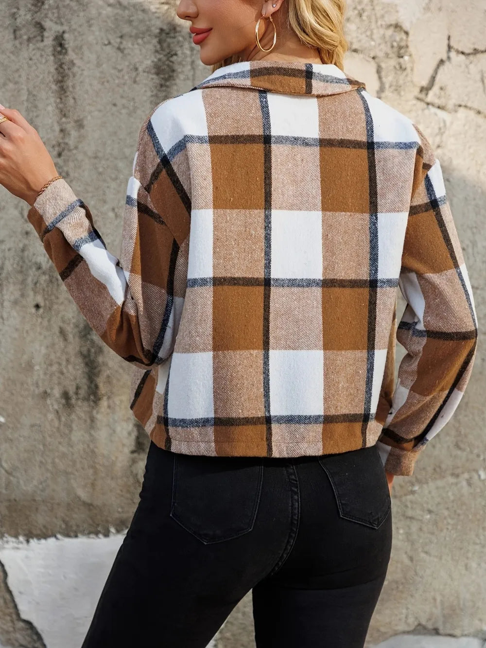 Plaid Collared Neck Cropped Jacket Fitggins