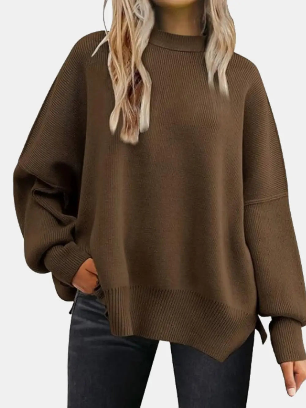 Round Neck Drop Shoulder Slit Sweater Chocolate Fitggins