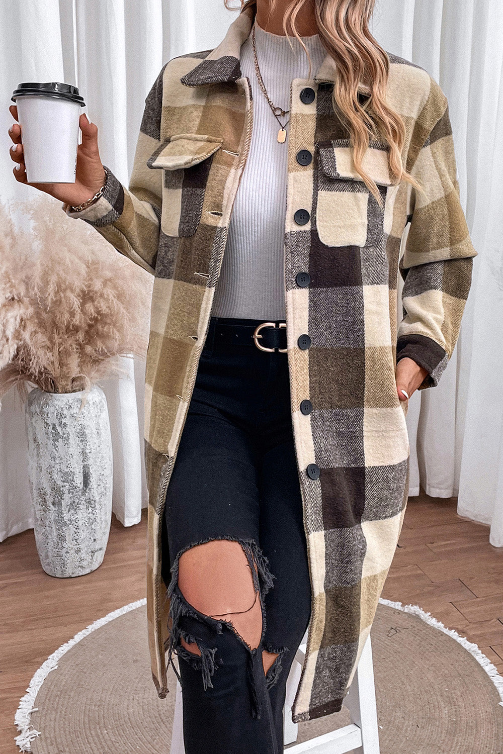 Plaid Button Down Longline Coat - Jackets - FITGGINS