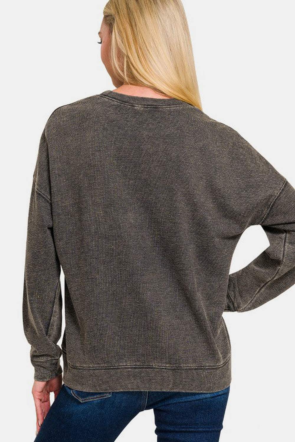 Zenana Washed Round Neck Dropped Shoulder Sweatshirt - Sweatshirts & Hoodies - FITGGINS