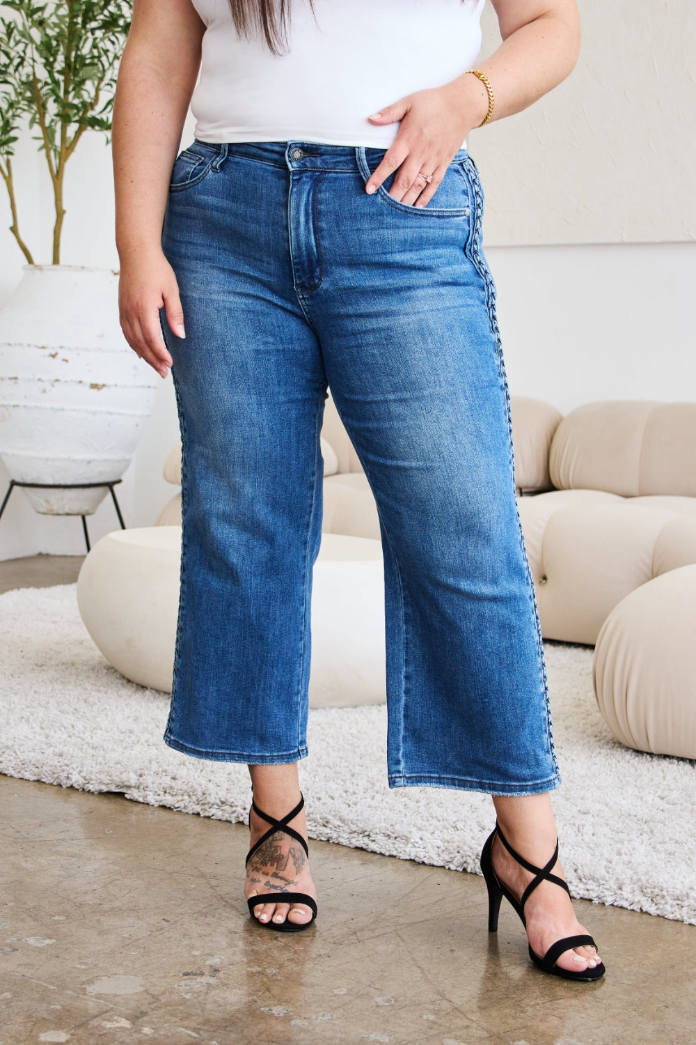 Judy Blue Full Size Braid Side Detail Wide Leg Jeans - Jeans - FITGGINS