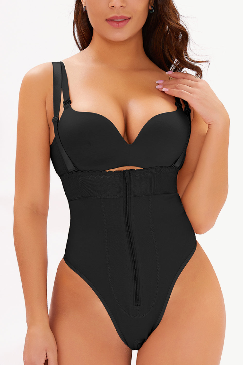 Full Size Adjustable Strap Zip-Up Shaping Bodysuit Black Fitggins