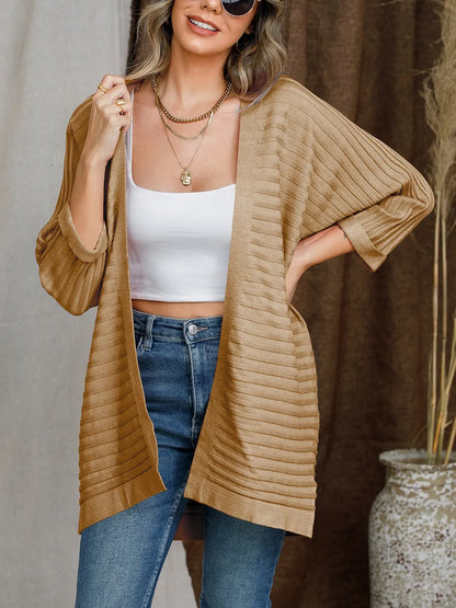 Striped Open Front Knit Cardigan Camel Fitggins