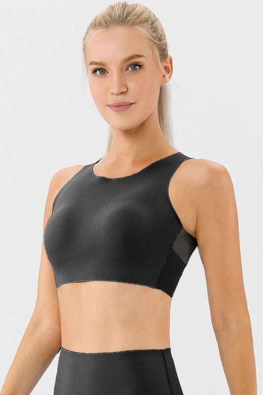 Round Neck Wide Strap Active Bra Black Fitggins