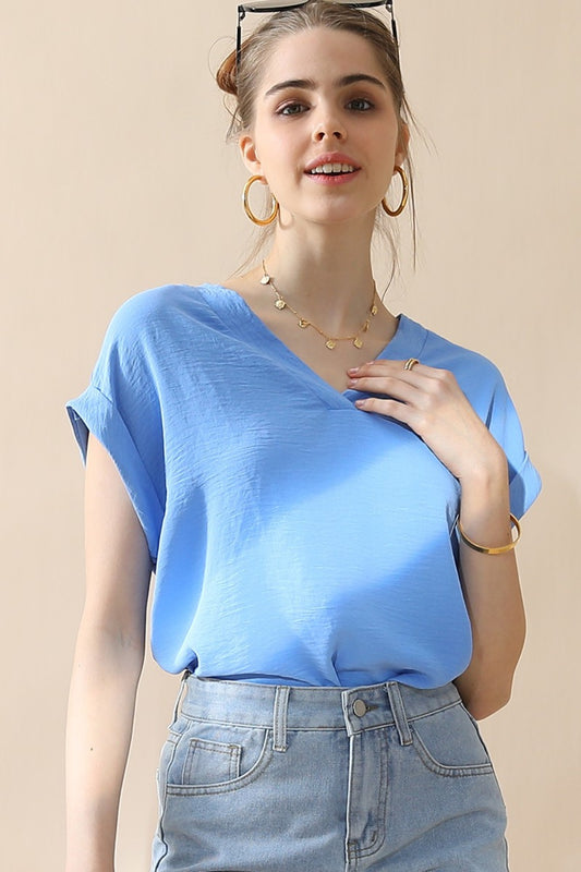 Ninexis V-Neck Trim Rolled Short Sleeve Shirt - Blouses - FITGGINS