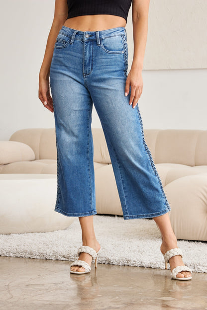 Judy Blue Full Size Braid Side Detail Wide Leg Jeans - Jeans - FITGGINS