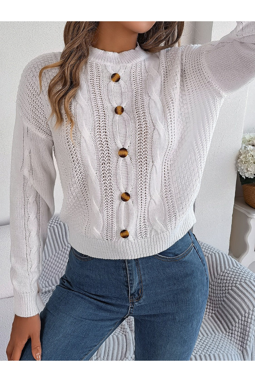 Cable-Knit Buttoned Round Neck Sweater - Pullover Sweaters - FITGGINS