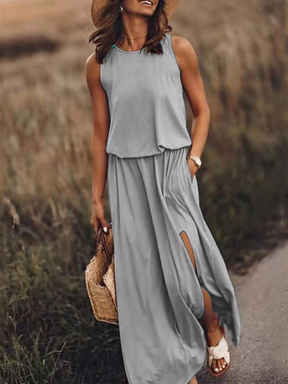 Full Size Round Neck Sleeveless Slit Maxi Dress Plus Size Grey Fitggins