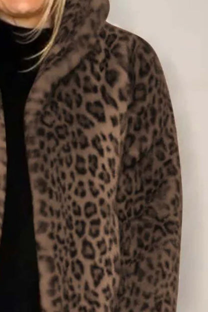 Full Size Leopard Furry Collared Neck Long Sleeve Coat - Jackets - FITGGINS