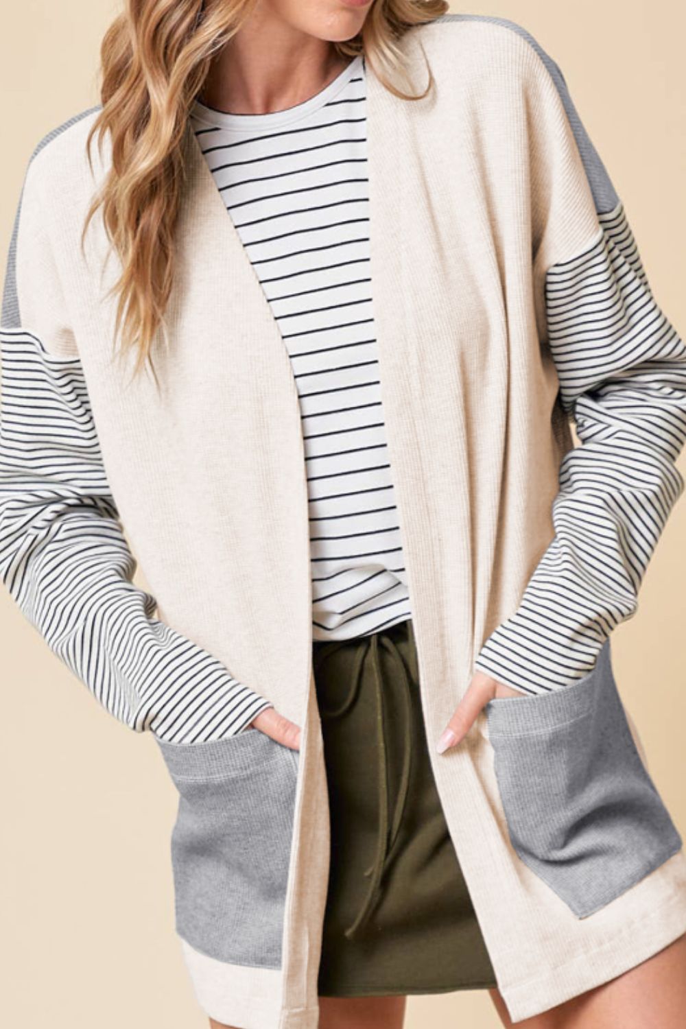 Open Front Long Sleeve Striped Cardigan with Pockets - Cardigans - FITGGINS