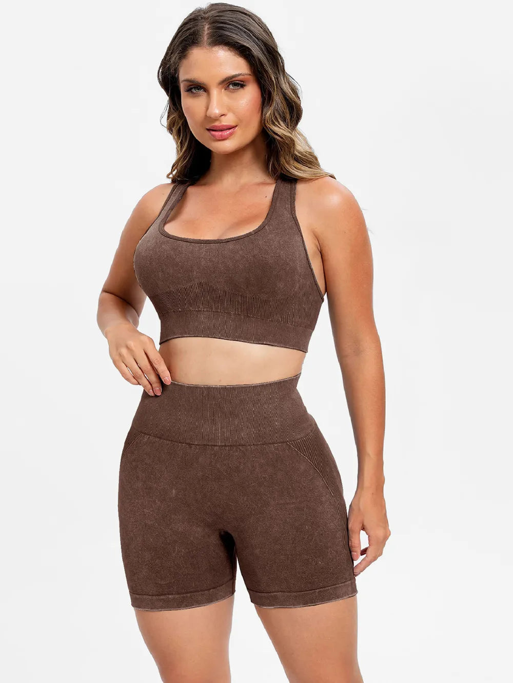 Scoop Neck Wide Strap Top and Shorts Active Set Dark Brown Fitggins