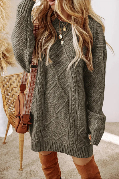 Cable-Knit Round Neck Sweater Dress - Sweater Dresses - FITGGINS