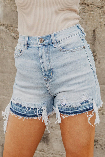 High Waist Raw Hem Denim Shorts - Denim Shorts - FITGGINS