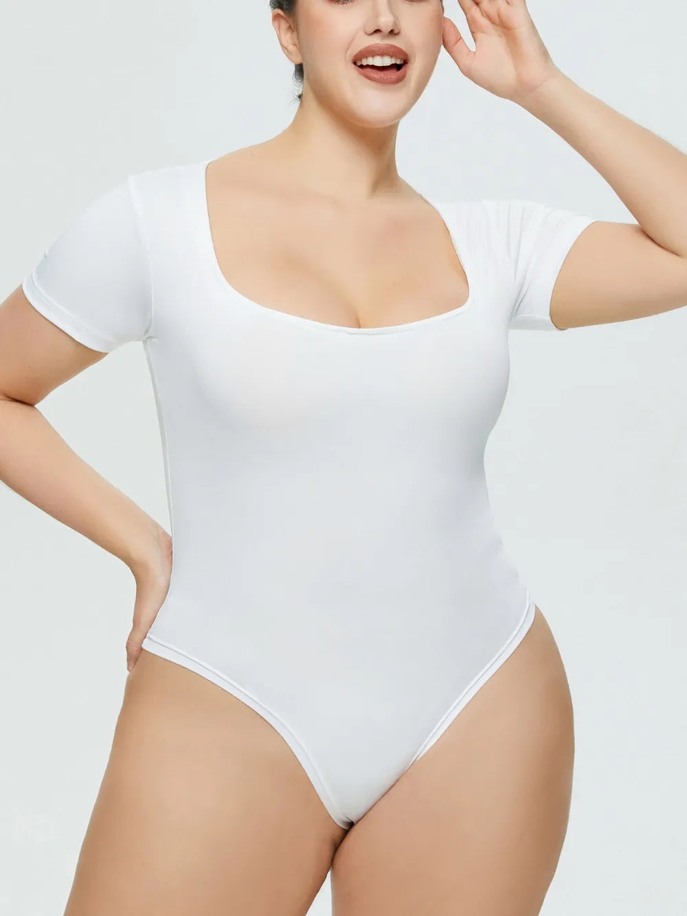 Full Size Square Neck Short Sleeve Bodysuit White Fitggins