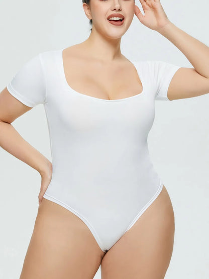 Full Size Square Neck Short Sleeve Bodysuit White Fitggins