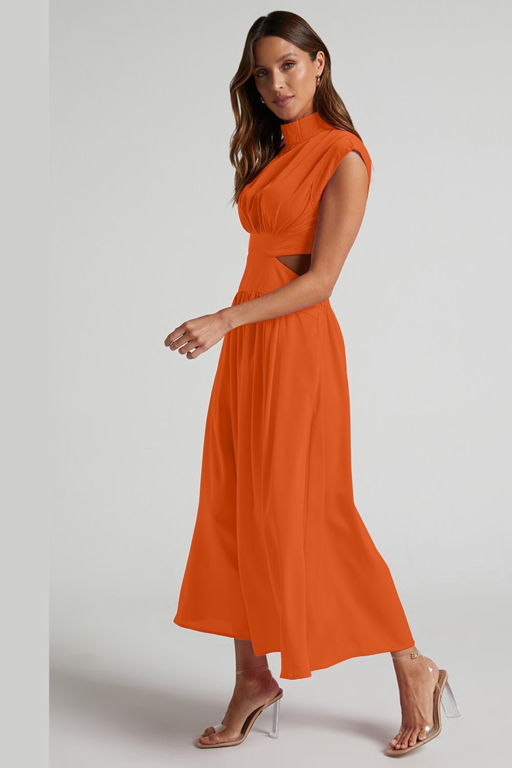 Cutout Mock Neck Sleeveless Ruched Dress - Cocktail Dresses - FITGGINS