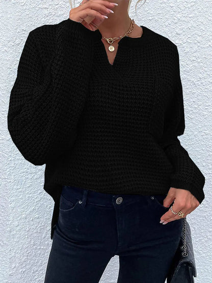 Notched Long Sleeve Sweater Black Fitggins