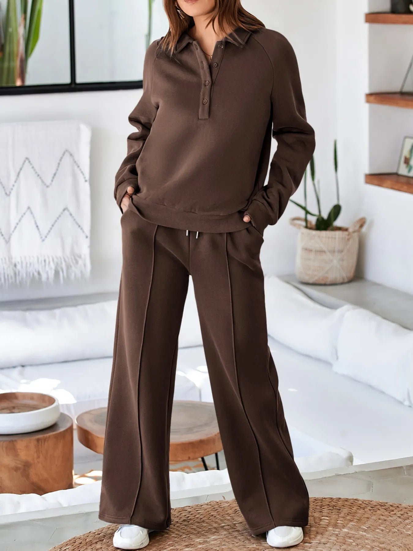 Collared Sweatshirt and High Waist Pants Active Set Fitggins