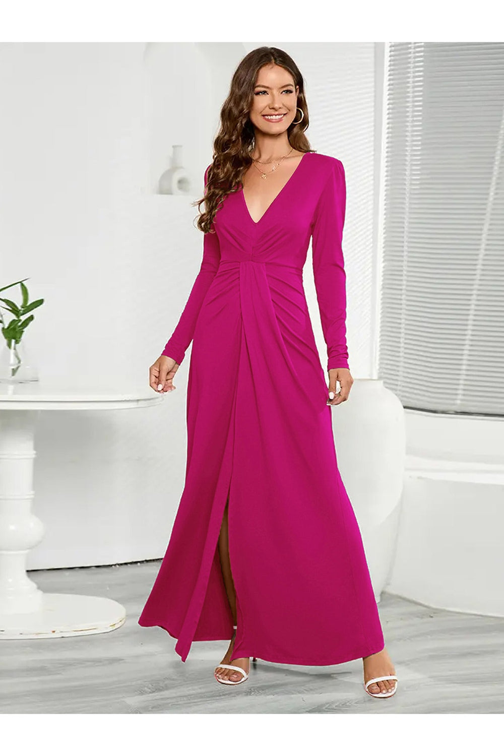 V-Neck Long Sleeve Split Dress - - FITGGINS