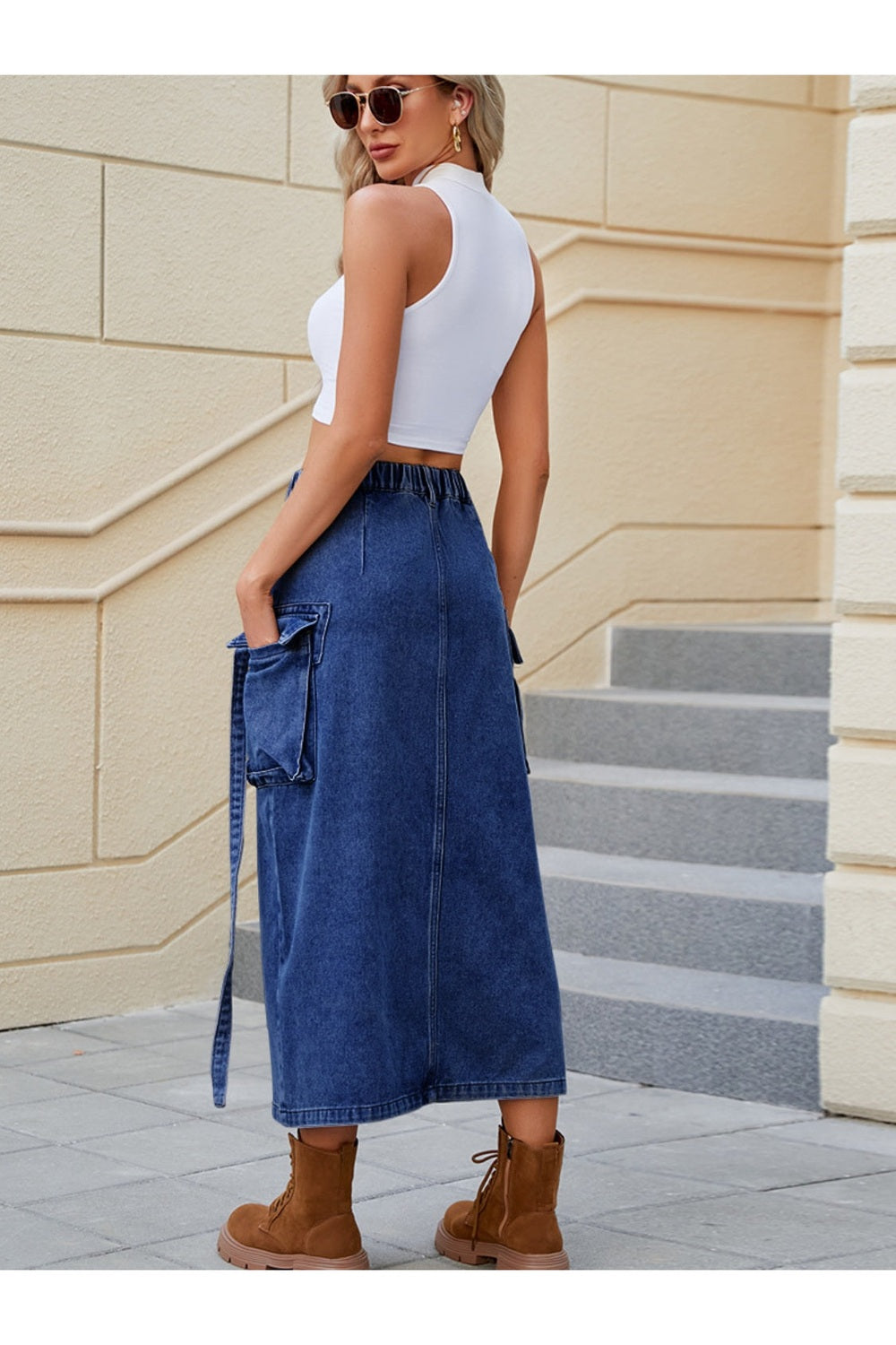 Slit Pocketed High Waist Denim Skirt - Shirts - FITGGINS