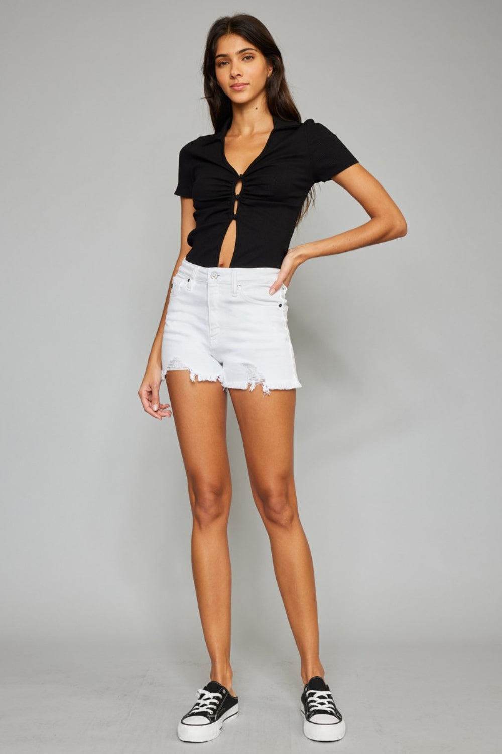 Kancan Full Size High Rise Frayed Hem Denim Shorts - Denim Shorts - FITGGINS