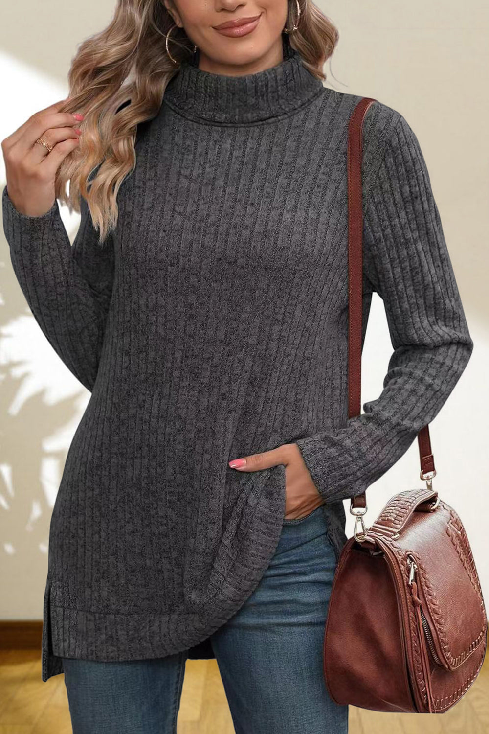Turtleneck High Low Top Charcoal Fitggins