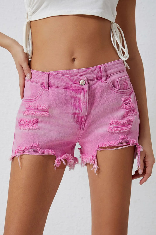 High Rise Crossover Waist Denim Shorts Fitggins