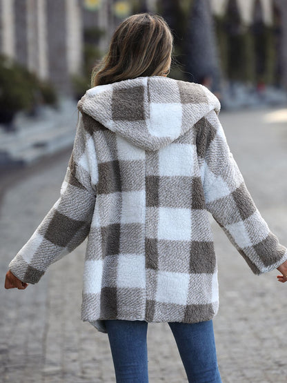 Plaid Open Front Hooded Coat Fitggins