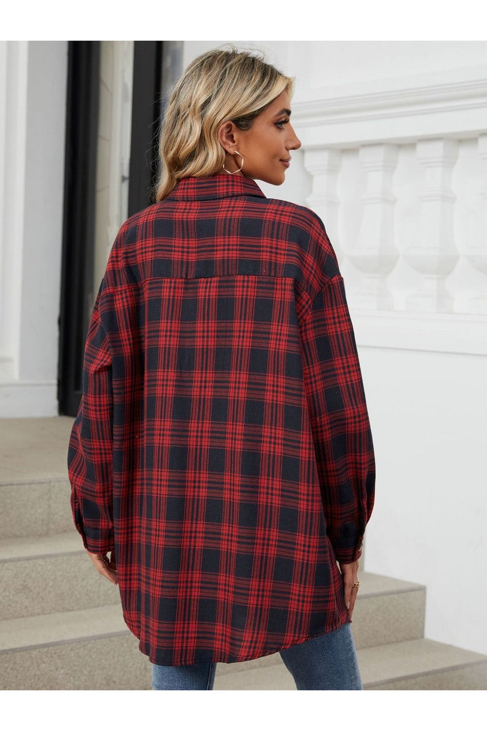 Plaid Collared Neck Long Sleeve Shirt - Shirts - FITGGINS