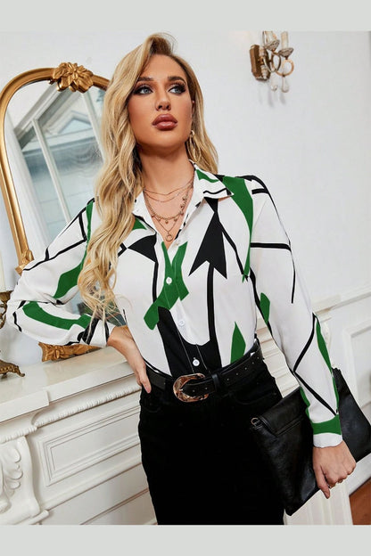 Elegant Printed Collared Neck Long Sleeve Shirt Fitggins