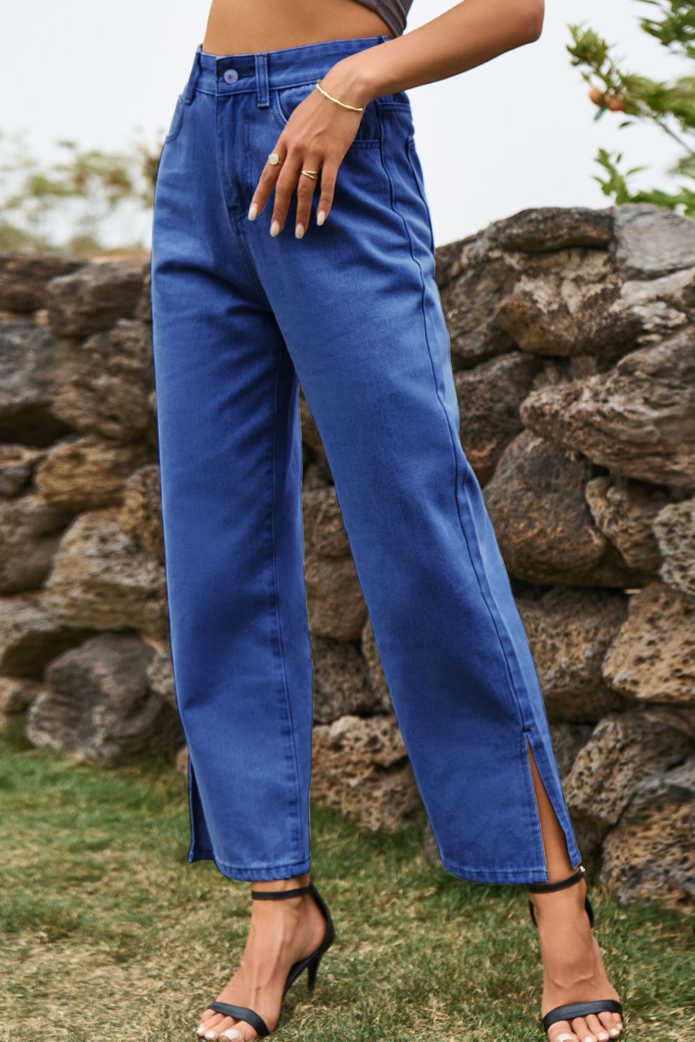 High Waist Loose Fit Ankle Slit Jeans Fitggins