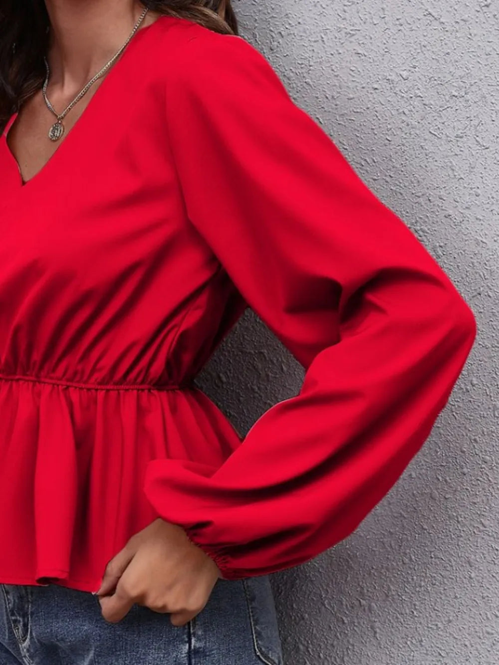 V-Neck Balloon Sleeve Peplum Blouse Fitggins