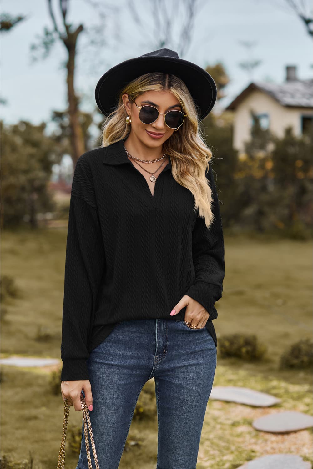 Collared Neck Cable-Knit Long Sleeve Blouse Fitggins
