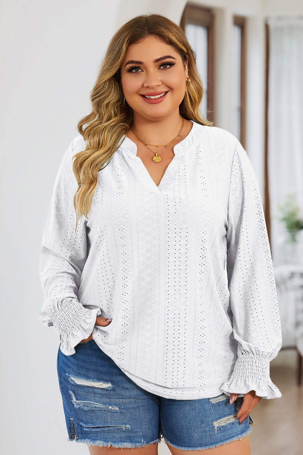 Plus Size Eyelet Notched Flounce Sleeve Blouse - Blouses - FITGGINS