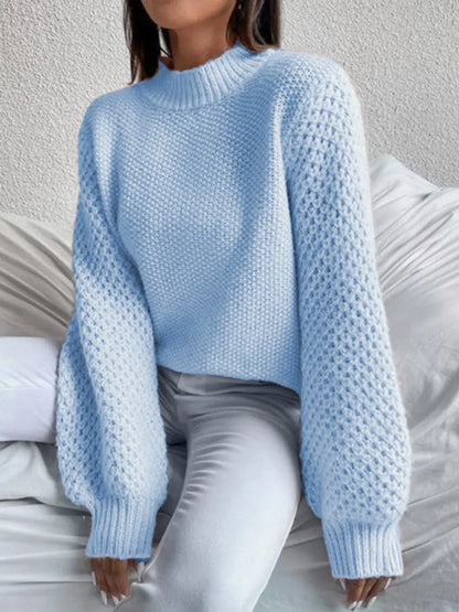 Openwork Mock Neck Long Sleeve Sweater Fitggins