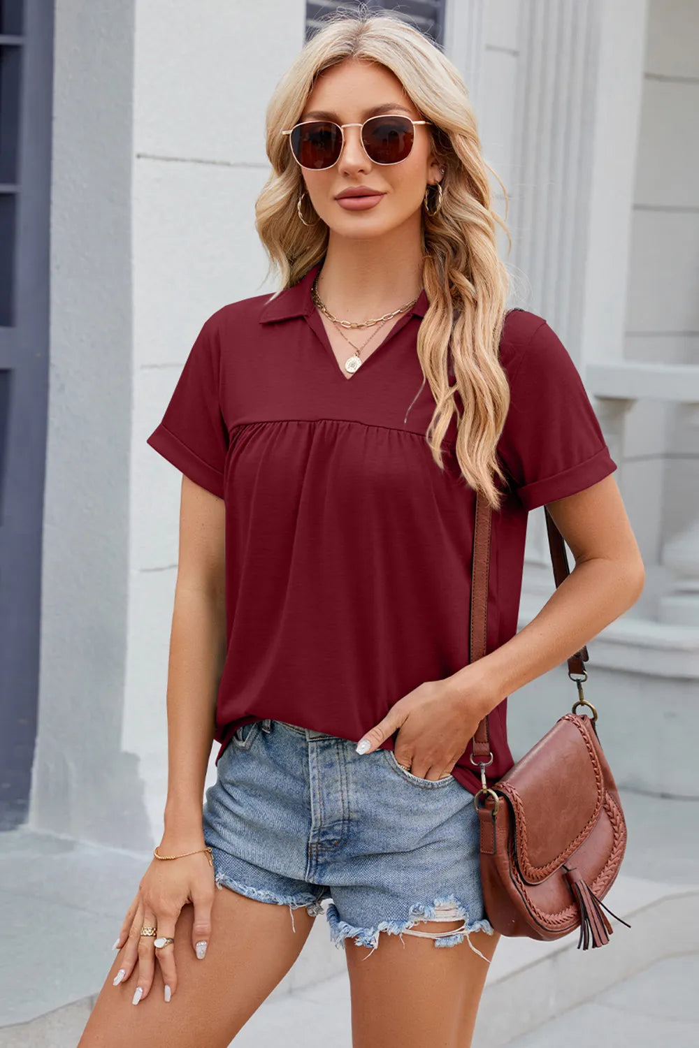Ruched Johnny-Collar Short-Sleeve Blouse Fitggins