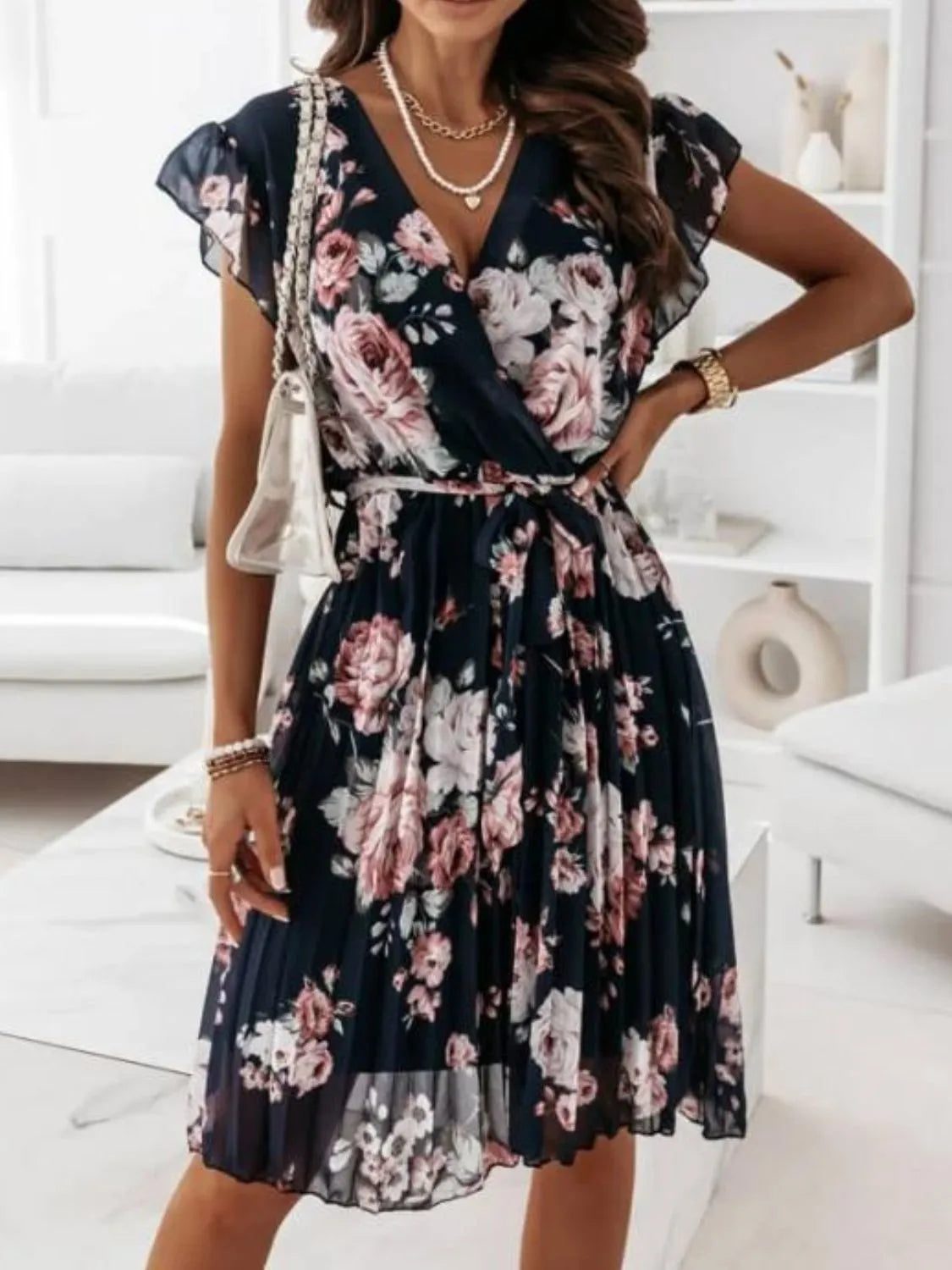 Floral Surplice Ruffled Cap Sleeve Dress Black Fitggins